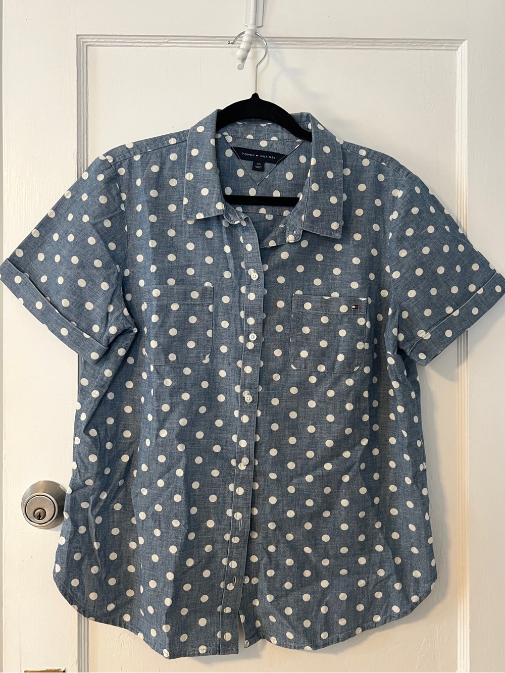 Tommy Hilfiger Chambray Polka Dot Denim Button Down Shirt L Y2K Coquette Indie